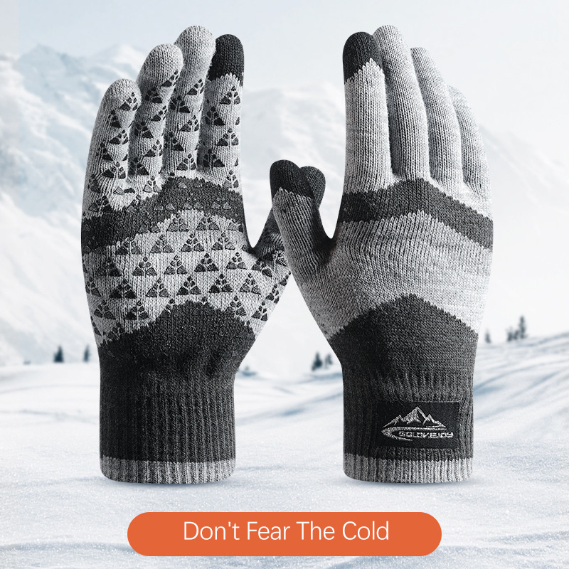 Winter Glove Insulated - ユニセックス冬用暖かいニット手袋 - 防風、滑り止め、タッチスクリーン対応、三角形デザイン、山と雪の結晶柄、保温性のある断熱素材、冬用手袋、寒い季節用ギア、ファッショナブルな冬用衣料、耐久性のある冬用衣類