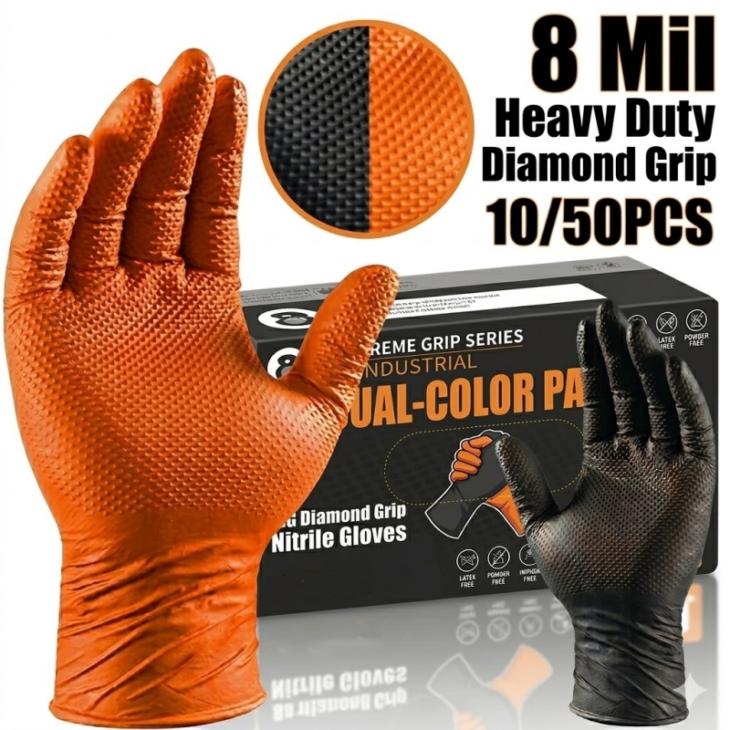 Nitrile Mechanic Glove - ヘビーデューティーオレンジニトリルグローブ 8ミル 産業用使い捨てグローブ ダイヤモンドテクスチャグリップ付き メカニック安全＆作業用手袋