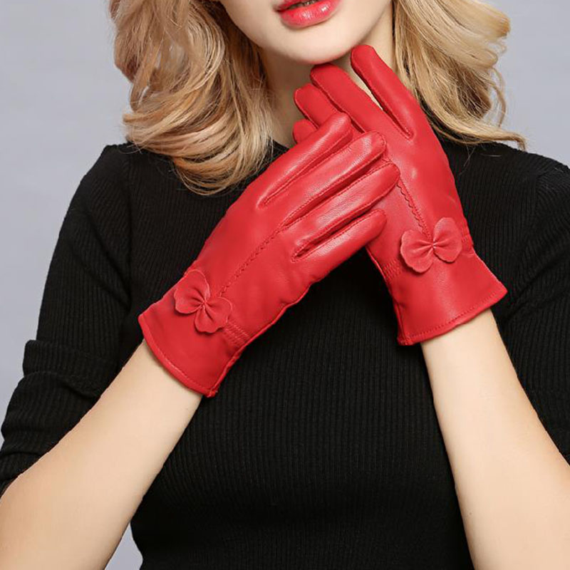 Wool Glove Lined - 女性本革冬暖かい手袋レディース本物の羊革手袋女の子運転ファッション女性の高級ウール裏地手袋