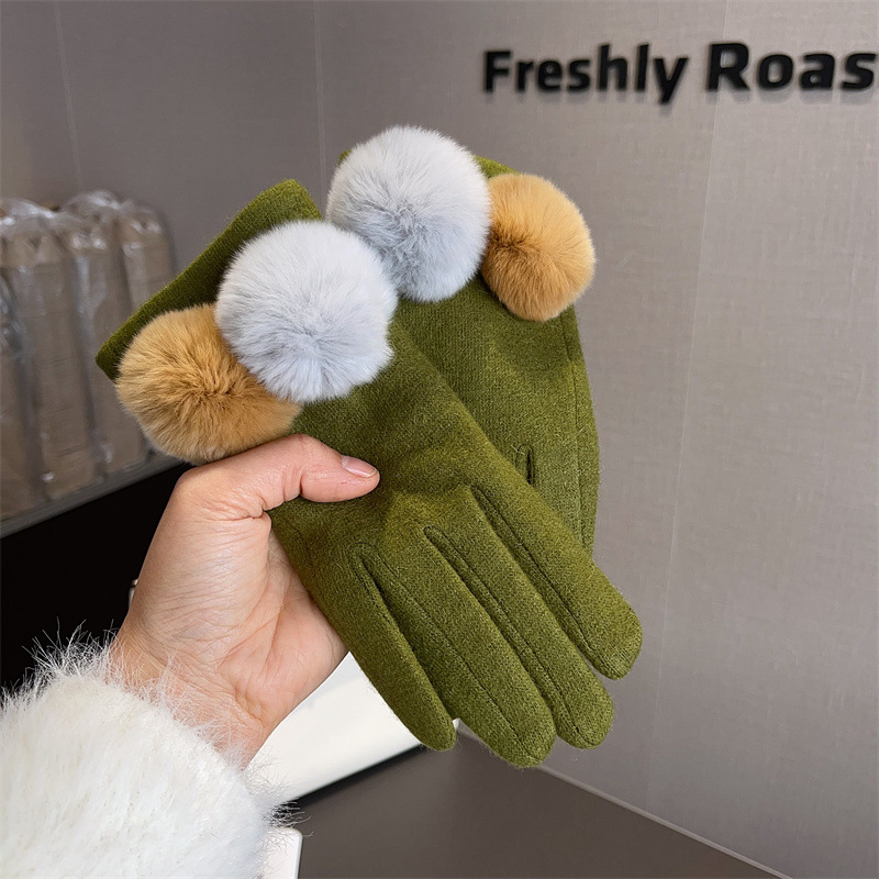 Wool Glove Lined - 手袋 レディース ウール チェック柄 フォックスファー ポンポン