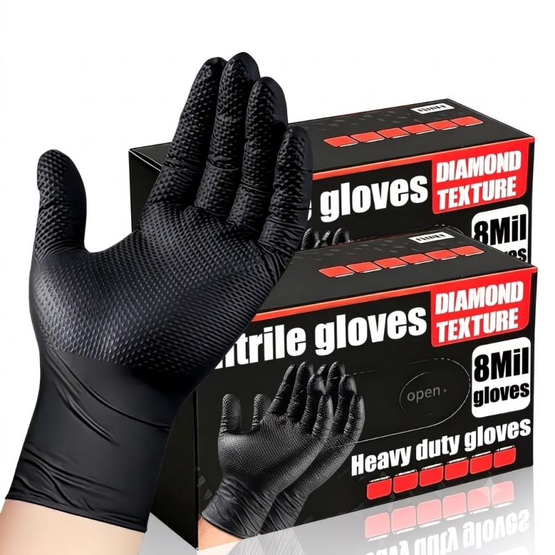 Nitrile Mechanic Glove - ヘビーデューティーブラック工業用ニトリル手袋使い捨て8ミルダイヤモンドテクスチャ超厚手安全作業用手袋男性用メカニックオート用