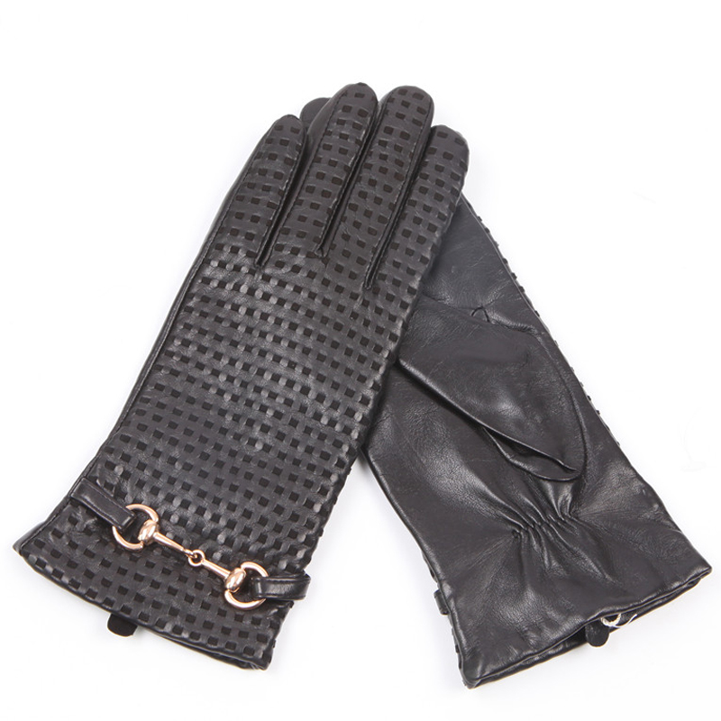 Wool Glove Lined - 本革手袋女性熱輸入秋冬シープスキンウールニット裏地金属装飾女性手袋 EL044NZ-1