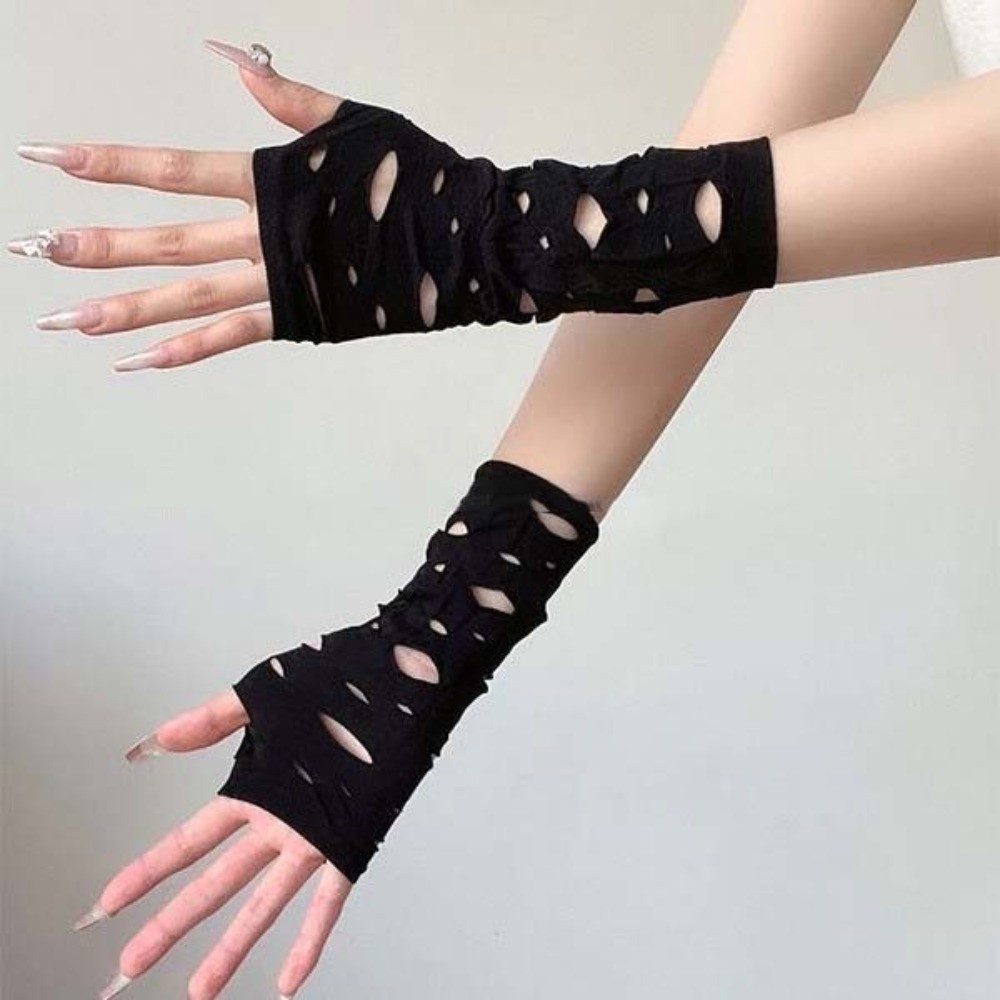 Fingerless Glove Knit - スリーブカバー リップドアームウォーマー ブラック中空フィンガーレスグローブ ニット弾性ハンドスリーブ ハロウィンコスプレ