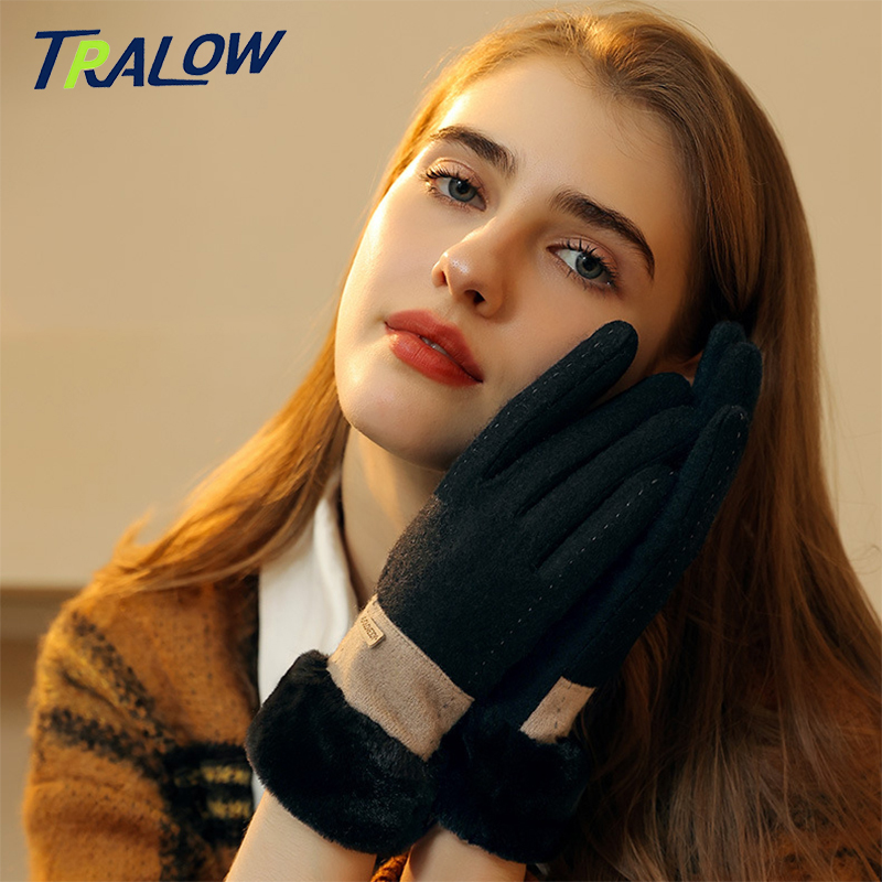 Wool Glove Lined - TRALOW レディース 冬用ニットタッチスクリーングローブ 刺繍スタンプ付き サーマルフリース裏地付きハンドウェア 毎日の通勤運転用