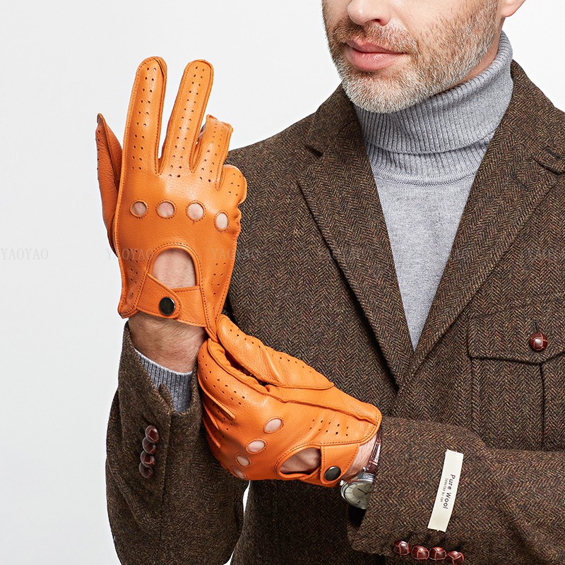 Leather Driving Glove - 男性用本革手袋,ファッショナブルなアクセサリー,春,本物のシースキン,黒/茶色,薄いルバ,ドライブ,deri eldiven,穴