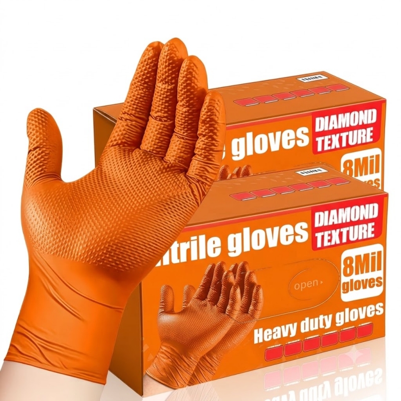 Nitrile Mechanic Glove - ヘビーデューティーオレンジニトリルグローブ 8ミル 産業用使い捨てグローブ ダイヤモンドテクスチャグリップ付き メカニック安全＆作業用手袋