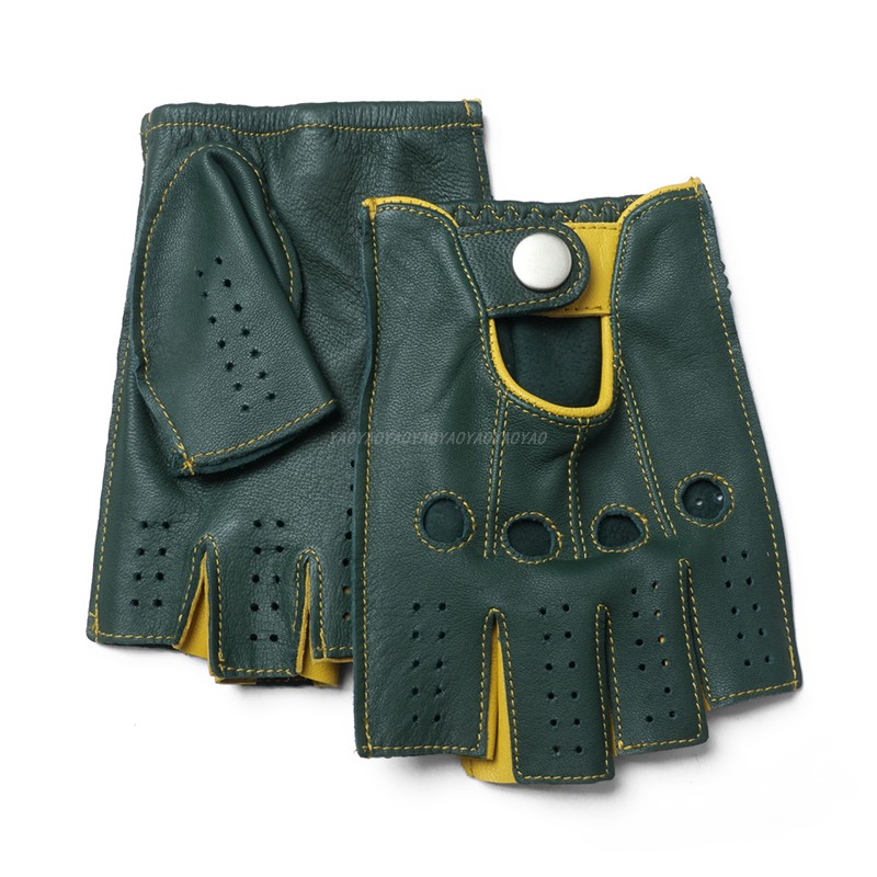 Leather Driving Glove - 高品質 2026 新しいハーフフェインガー男性本革手袋ヤギ革手袋男性ダークグリーンバイカラー通気性ドライビングミトン