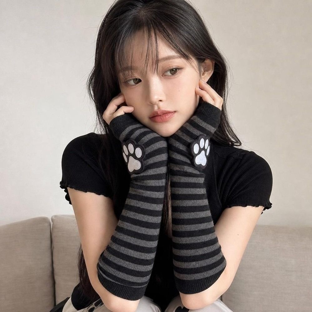 可愛い猫の爪模様のストライプ柄フィンガーレスグローブ、黒のロ - Fingerless Glove Knit のレビューと価格