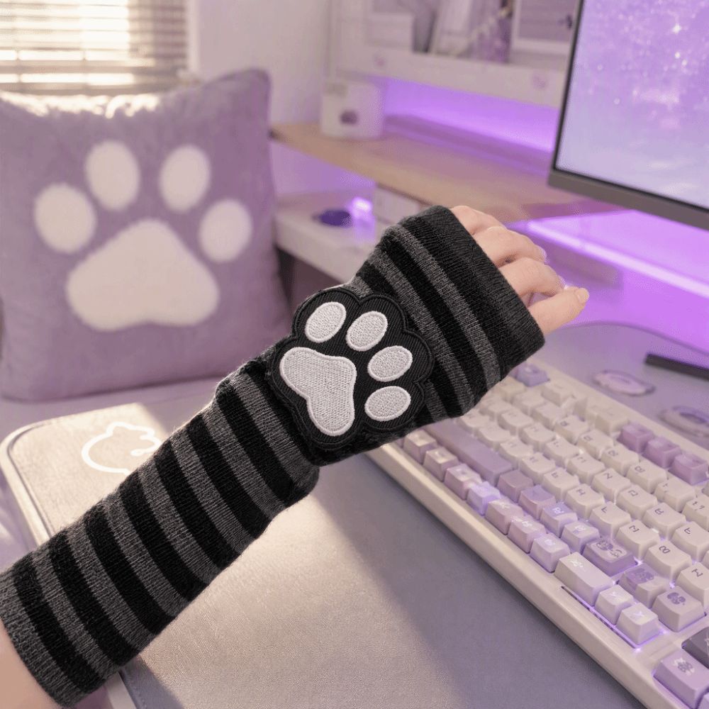 可愛い猫の爪模様のストライプ柄フィンガーレスグローブ、黒のロ - Fingerless Glove Knit のレビューと価格