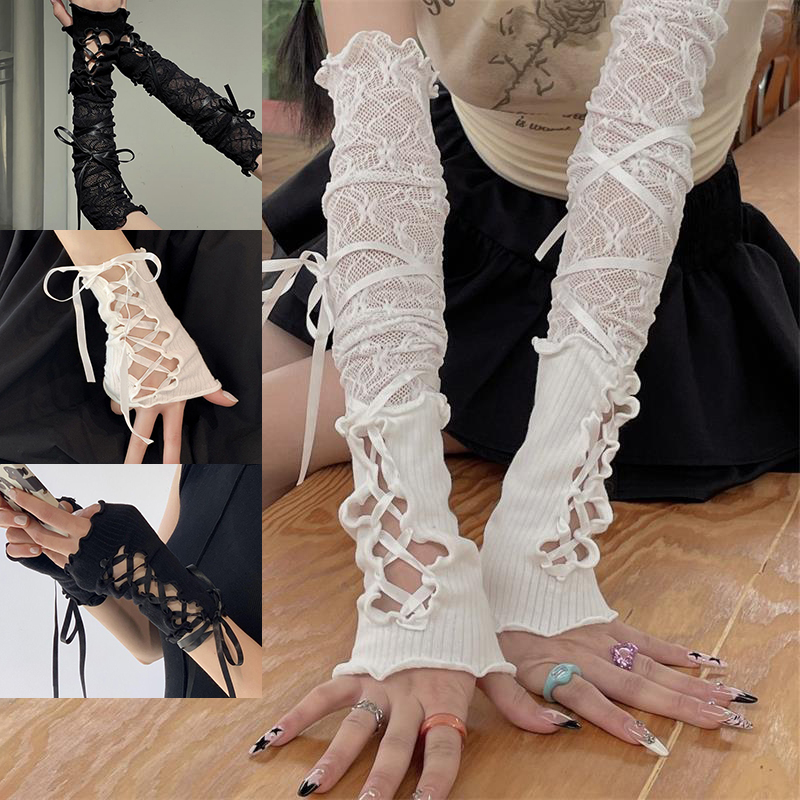 女性レースアップフィンガーレスアームスリーブ弾性メッシュパン - Fingerless Glove Knit のレビューと価格