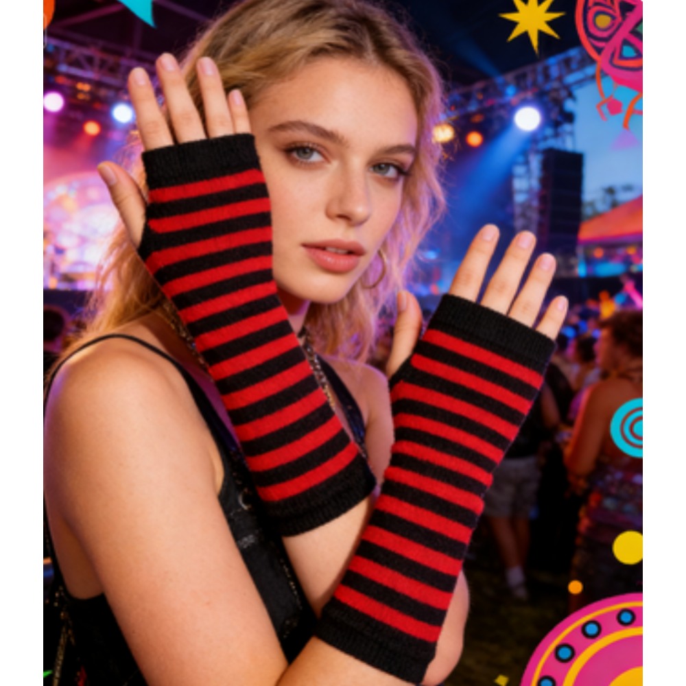 PESENAR レッドブラックストライプフィンガーレスグロー - Fingerless Glove Knit のレビューと価格