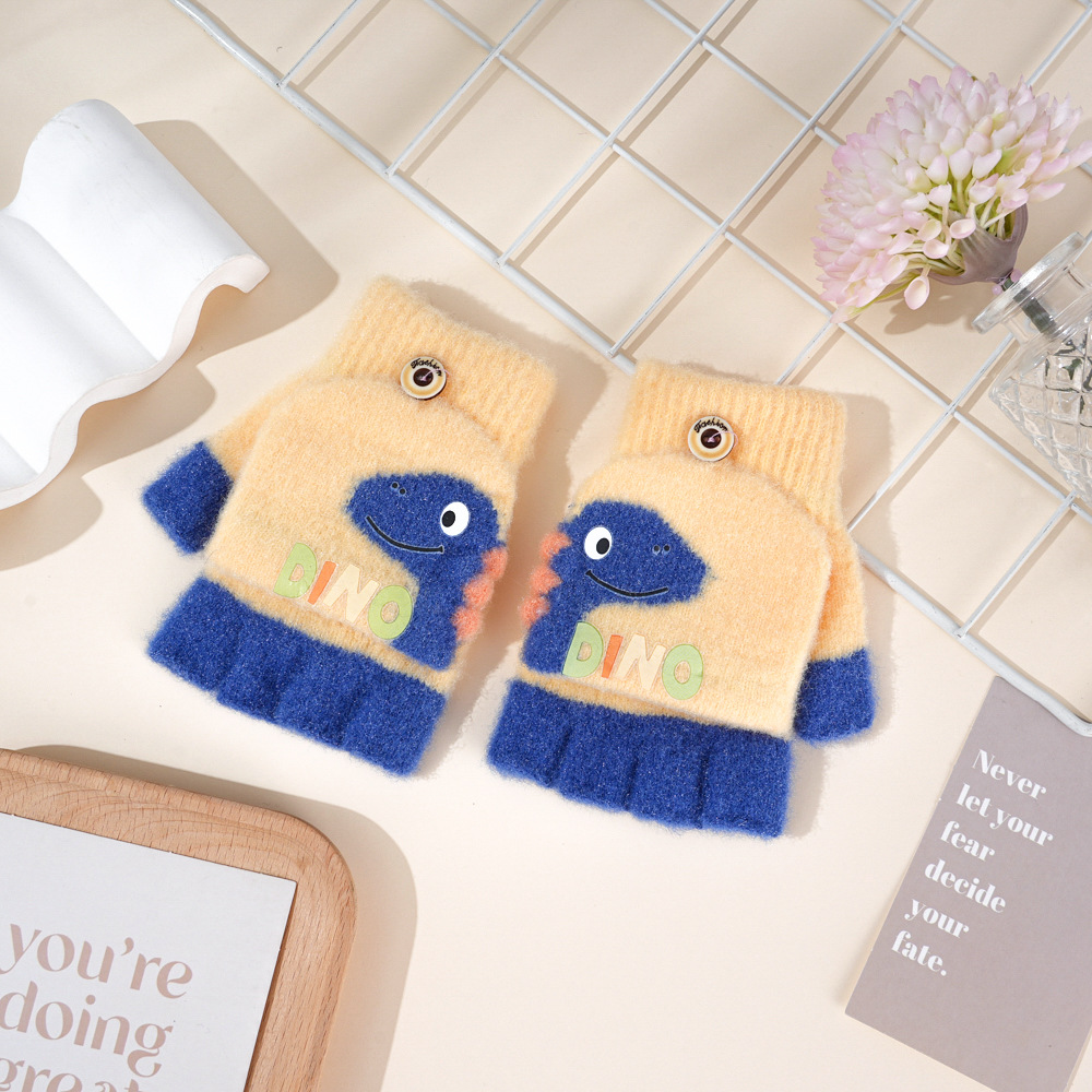 冬用ニットのかわいい恐竜柄幼稚園用ハーフフィンガーフラップ付 - Winter Glove Insulated のレビューと価格
