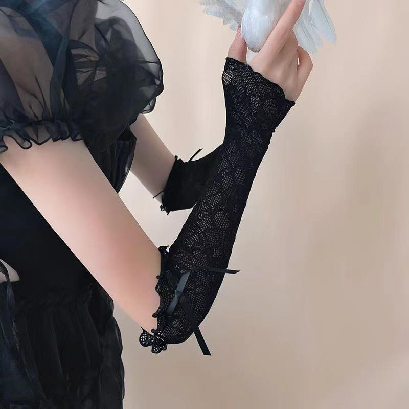 夏ロングレースフリルメッシュ指なし手袋日焼け止めアームスリー - Fingerless Glove Knit のレビューと価格